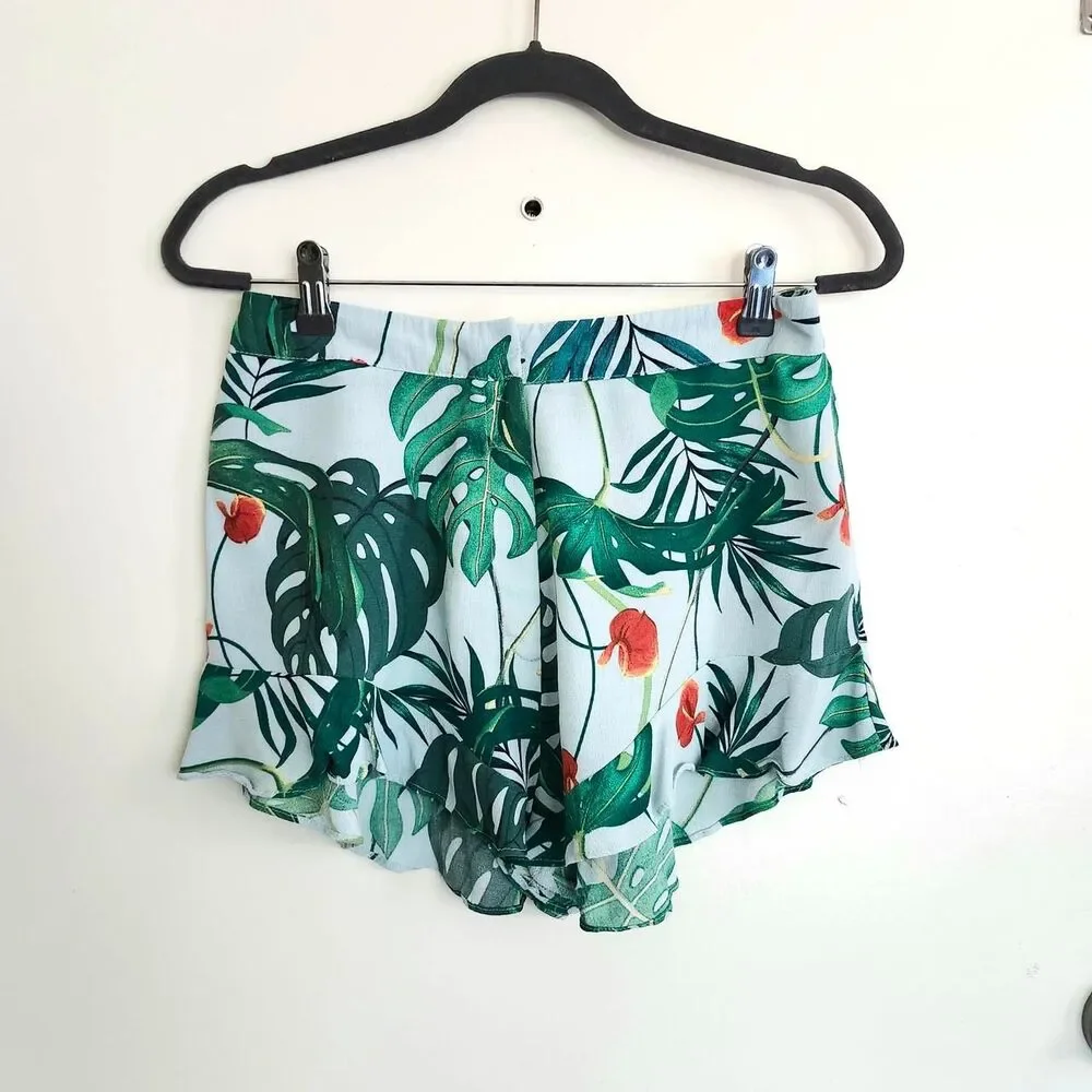 Zara Tropical Floral Shorts Coastal Resort Vacation Palm Leaf Green Medium